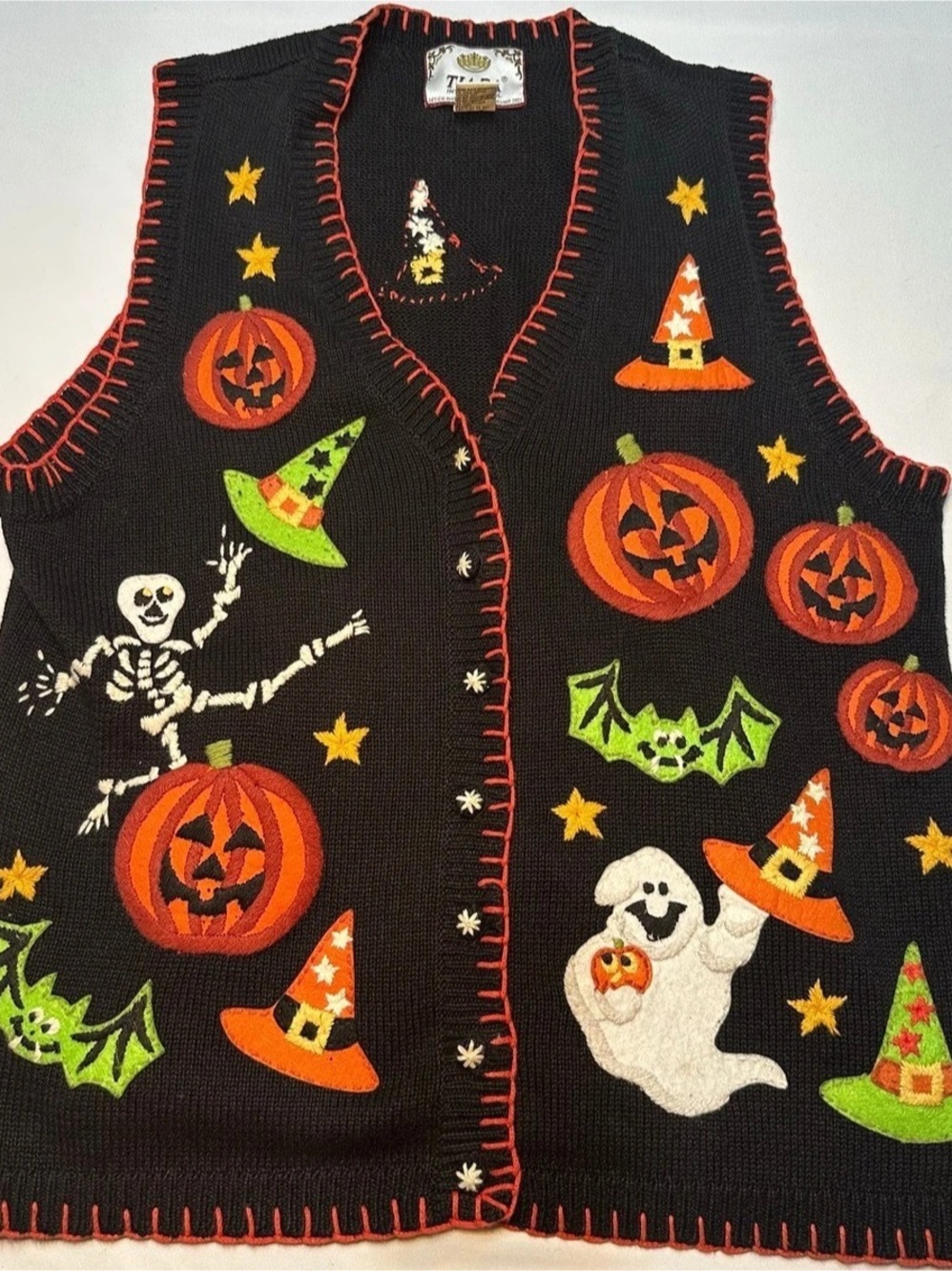 Tara International Halloween Sweater Vest in Black & Orange Size Large Like New